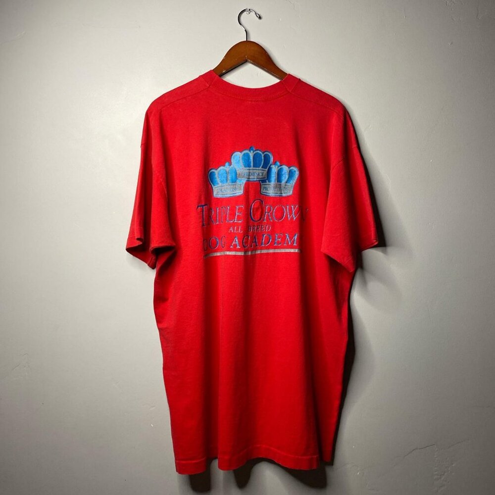 90s vintage, single stitch, red triple crown dog academy T-shirt, size XXL